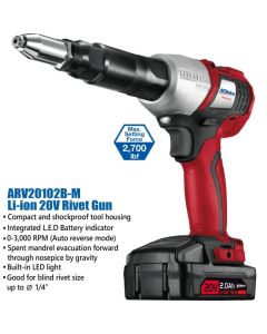 ACDelco 20V Brushless Riveting Tool ( 2.0AH*1 ) Blind rivet sizes: 3/32", 1/8", 5/32" & 3/16"